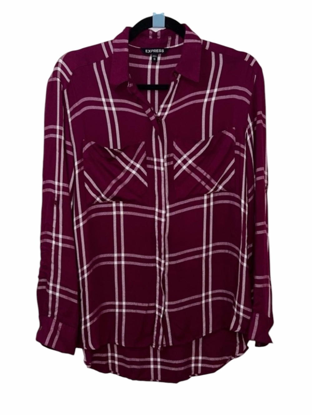 Express women’s Button Down Plaid Blouse Shirt Wine Color